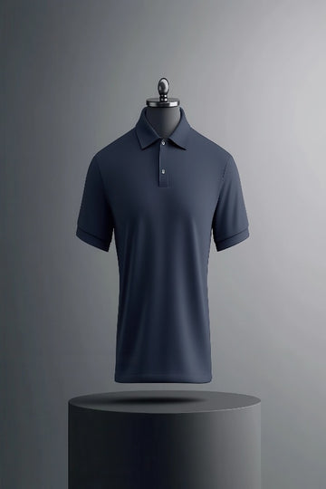 Women's Solid Dark Blue Polo Neck Cotton T-Shirt