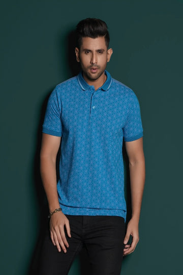 Men's Stylish Blue Printed Polo Neck Cotton Blend T-Shirt for Casual Wear